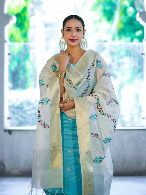 Banarasee Embroidered Cotton Salwar Kameez Fabric With Contrast Dupatta Set-Blue & Off White