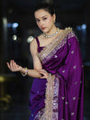 Banarasee Soft Silk Saree With Handwork Pearl Motifs & Mirror Work-Violet