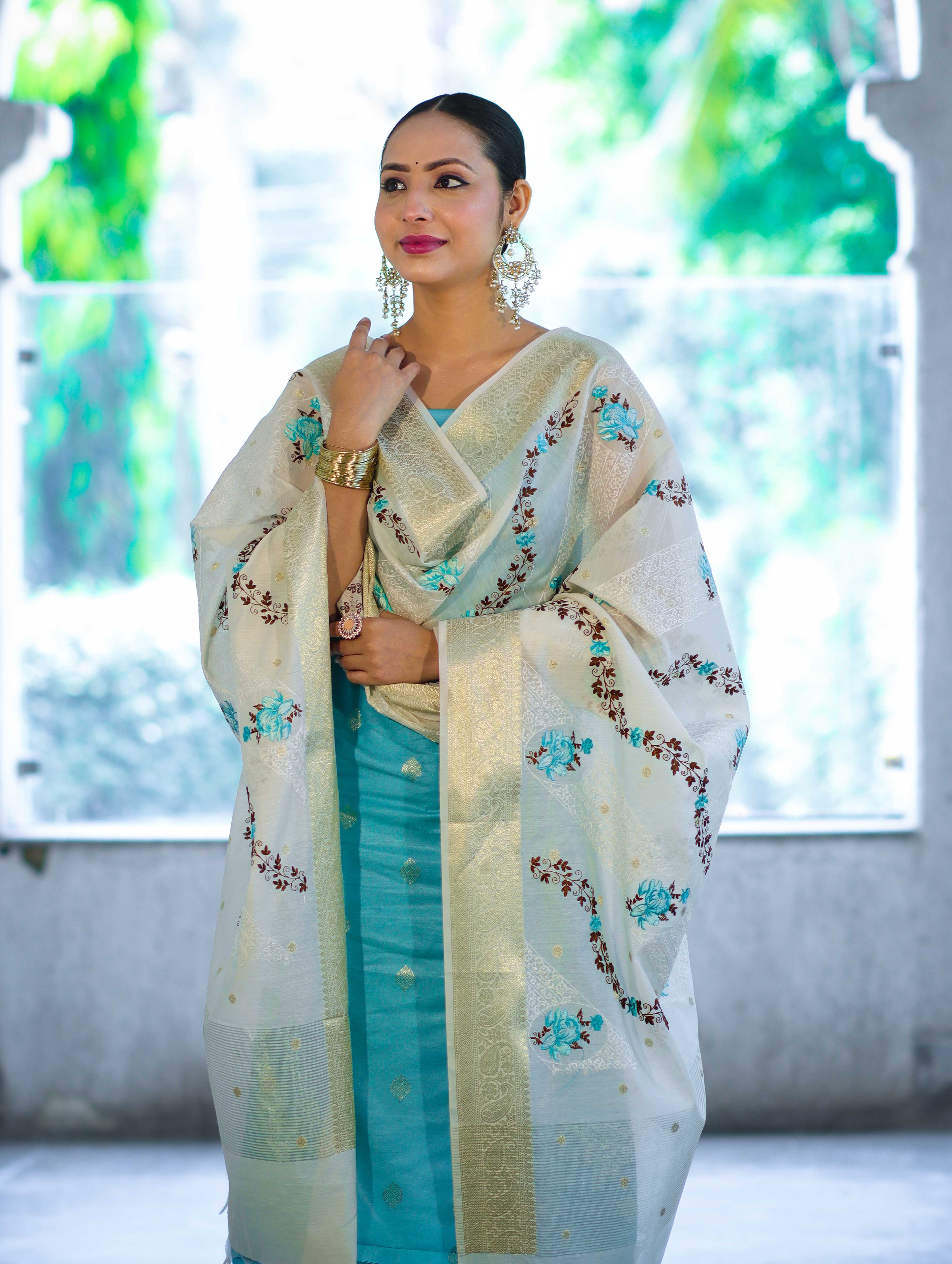Banarasee Embroidered Cotton Salwar Kameez Fabric With Contrast Dupatta Set-Blue & Off White