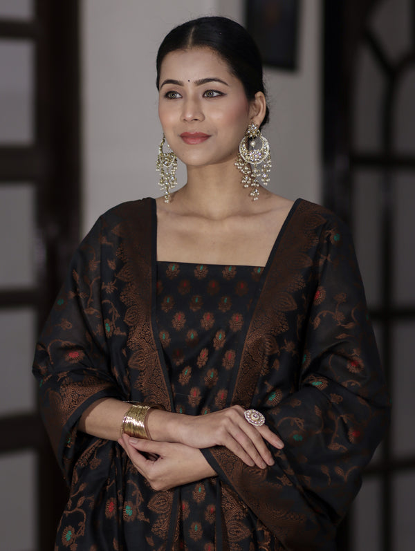 Banarasee Cotton Silk Resham Work Salwar Kameez Fabric With Dupatta Set-Black