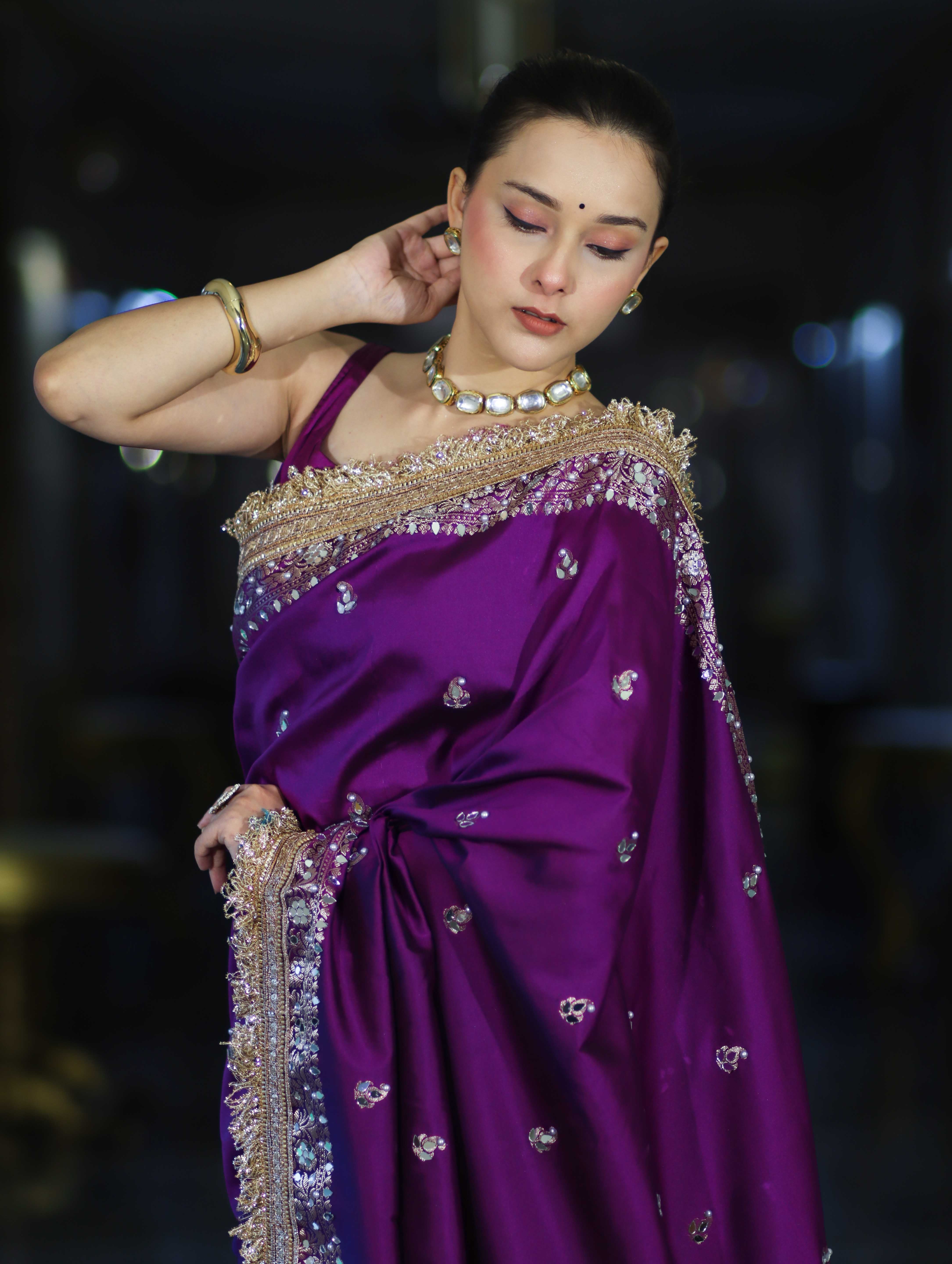 Banarasee Soft Silk Saree With Handwork Pearl Motifs & Mirror Work-Violet
