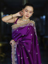 Banarasee Soft Silk Saree With Handwork Pearl Motifs & Mirror Work-Violet
