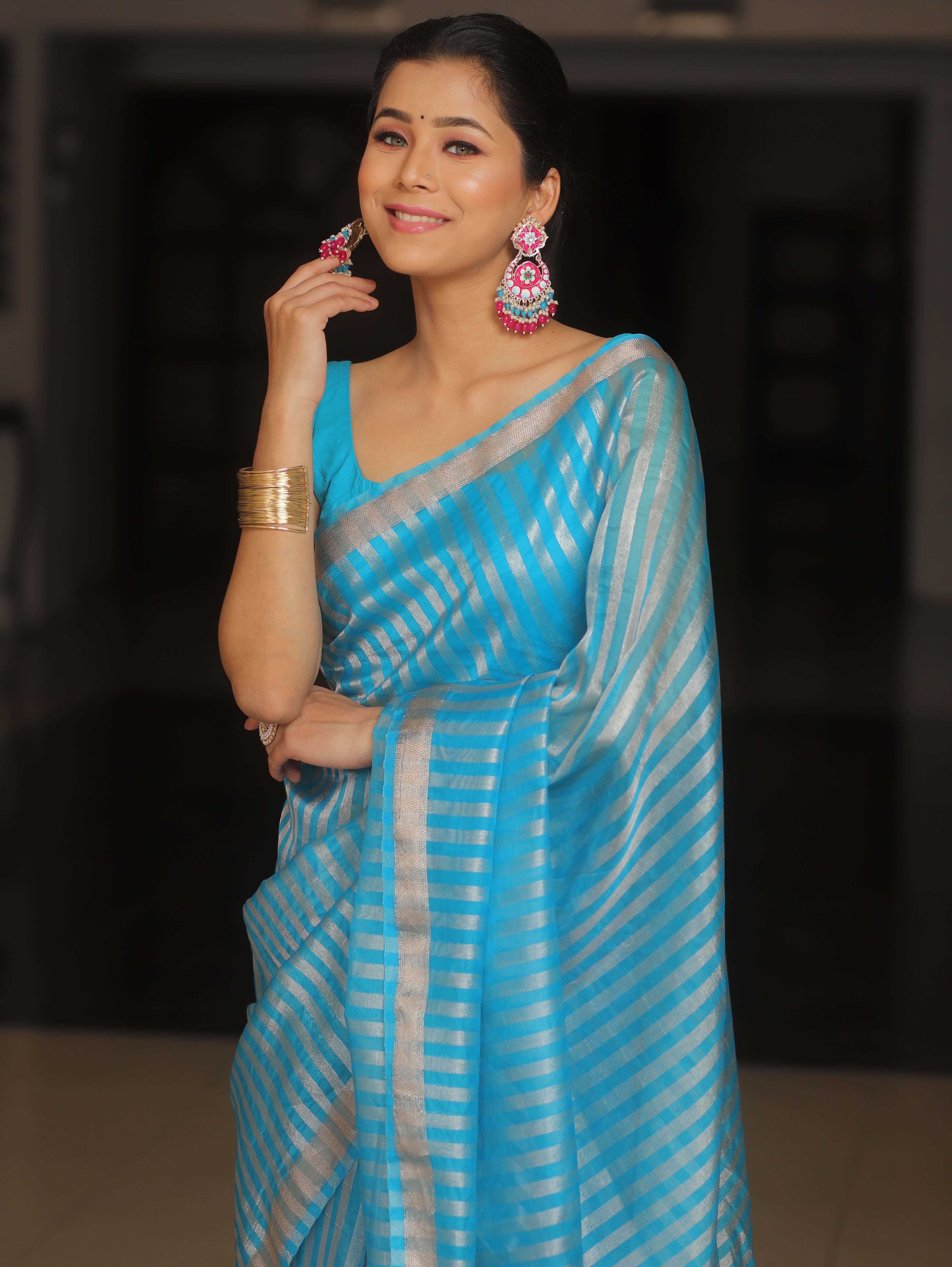 Banarasee Handwoven Striped Tissue Saree-Light Blue