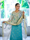 Banarasee Embroidered Cotton Salwar Kameez Fabric With Contrast Dupatta Set-Blue & Off White