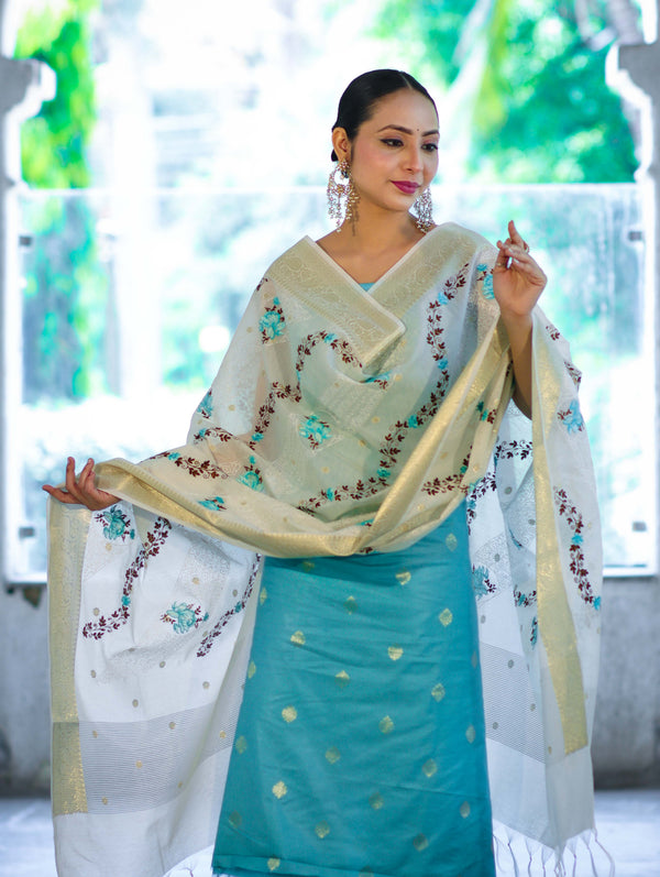 Banarasee Embroidered Cotton Salwar Kameez Fabric With Contrast Dupatta Set-Blue & Off White