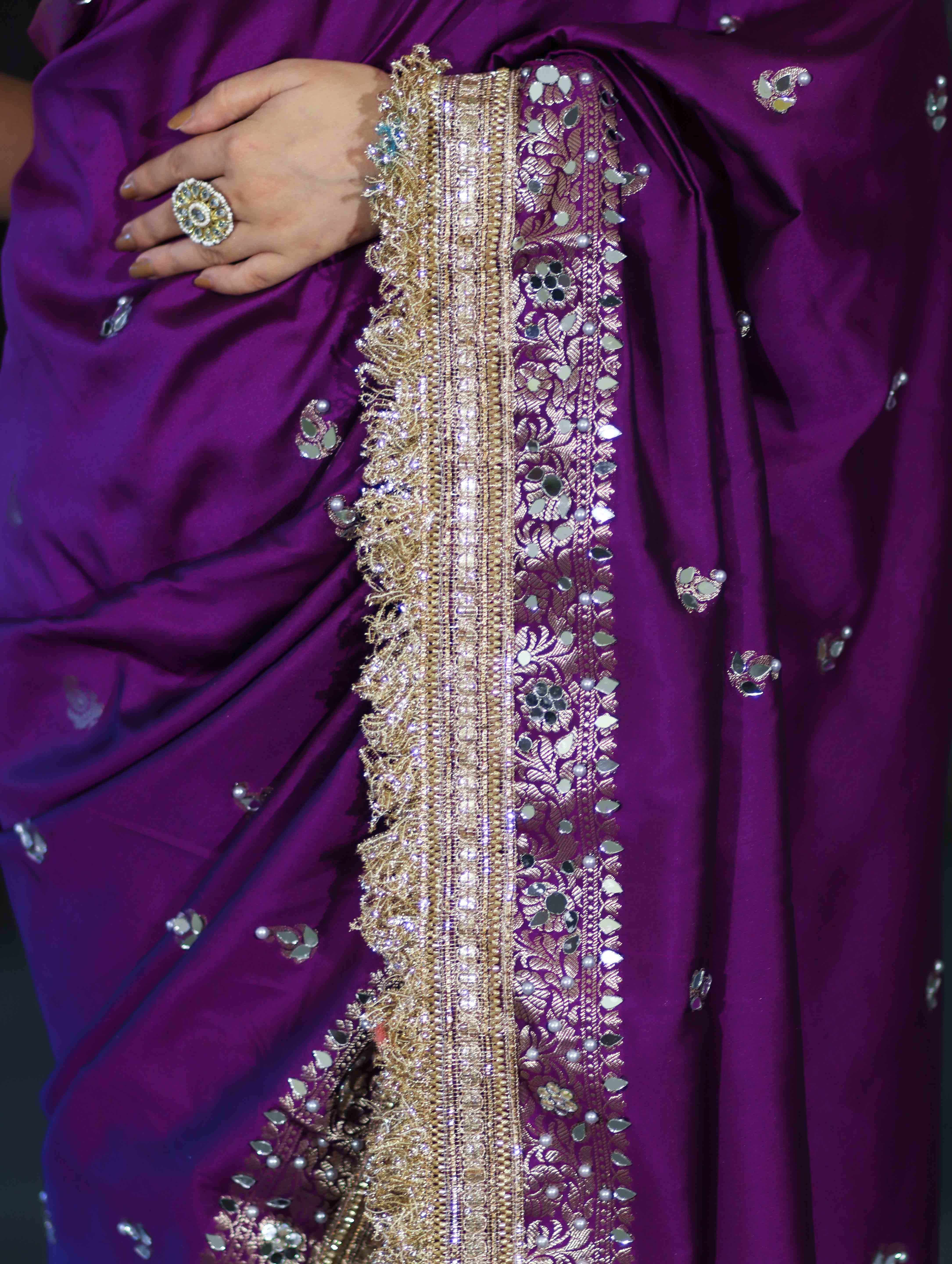 Banarasee Soft Silk Saree With Handwork Pearl Motifs & Mirror Work-Violet