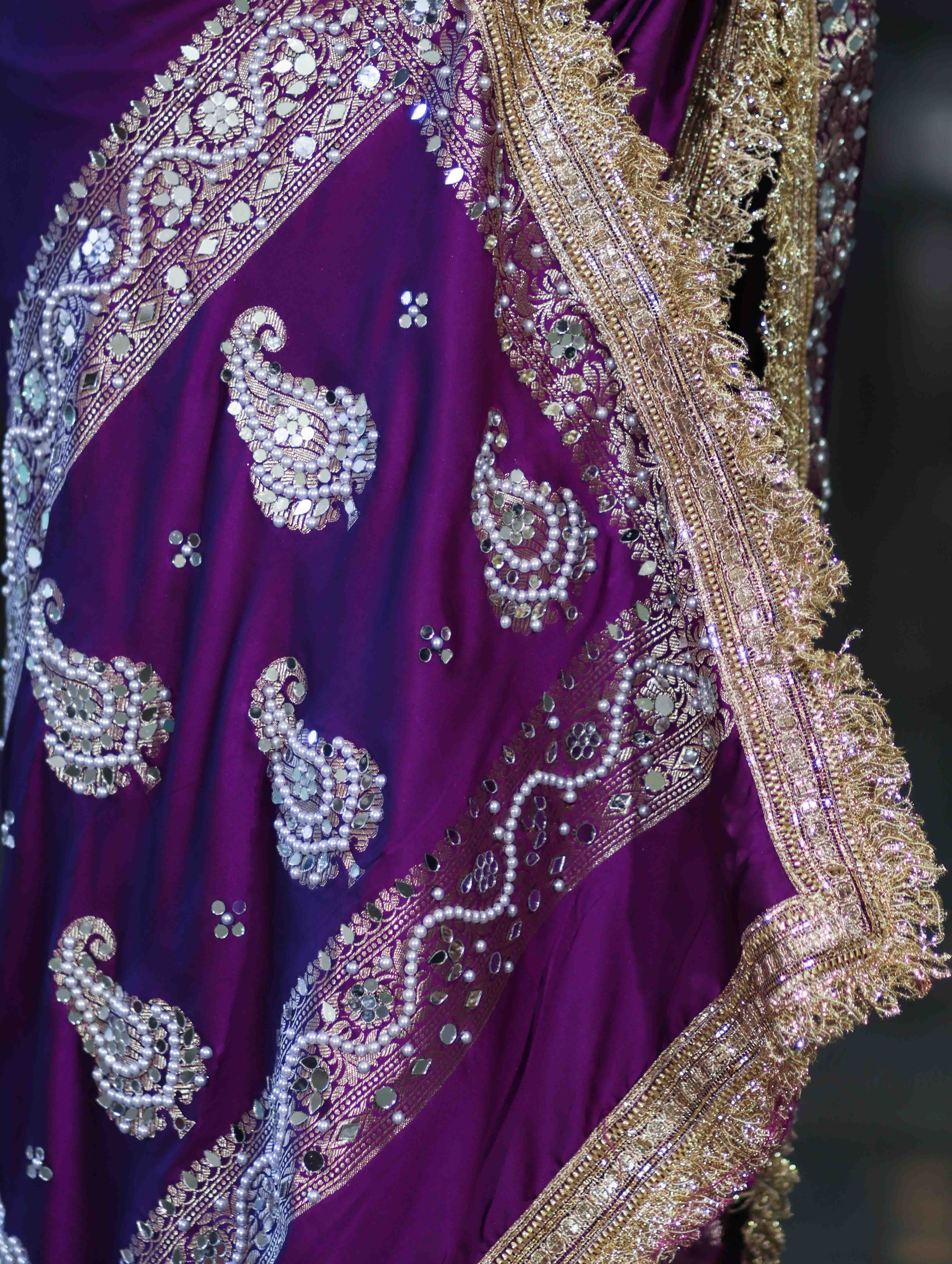 Banarasee Soft Silk Saree With Handwork Pearl Motifs & Mirror Work-Violet