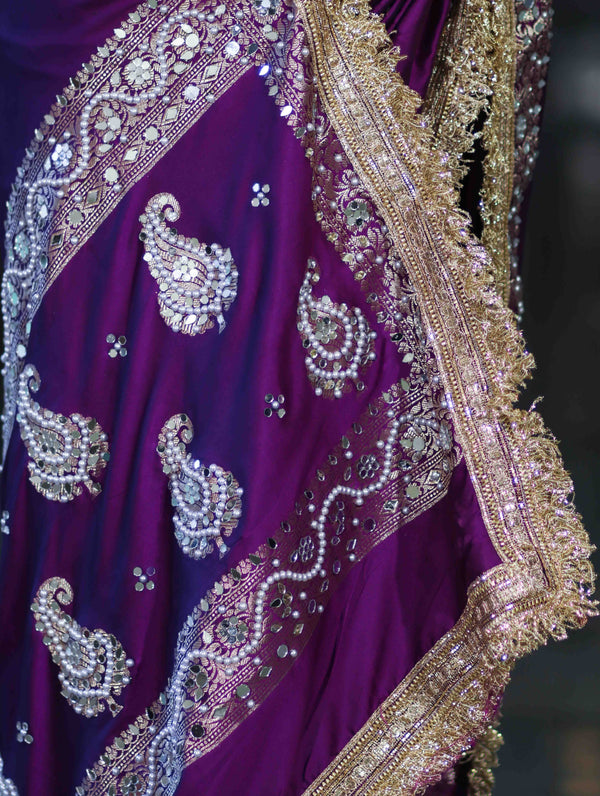 Banarasee Soft Silk Saree With Handwork Pearl Motifs & Mirror Work-Violet