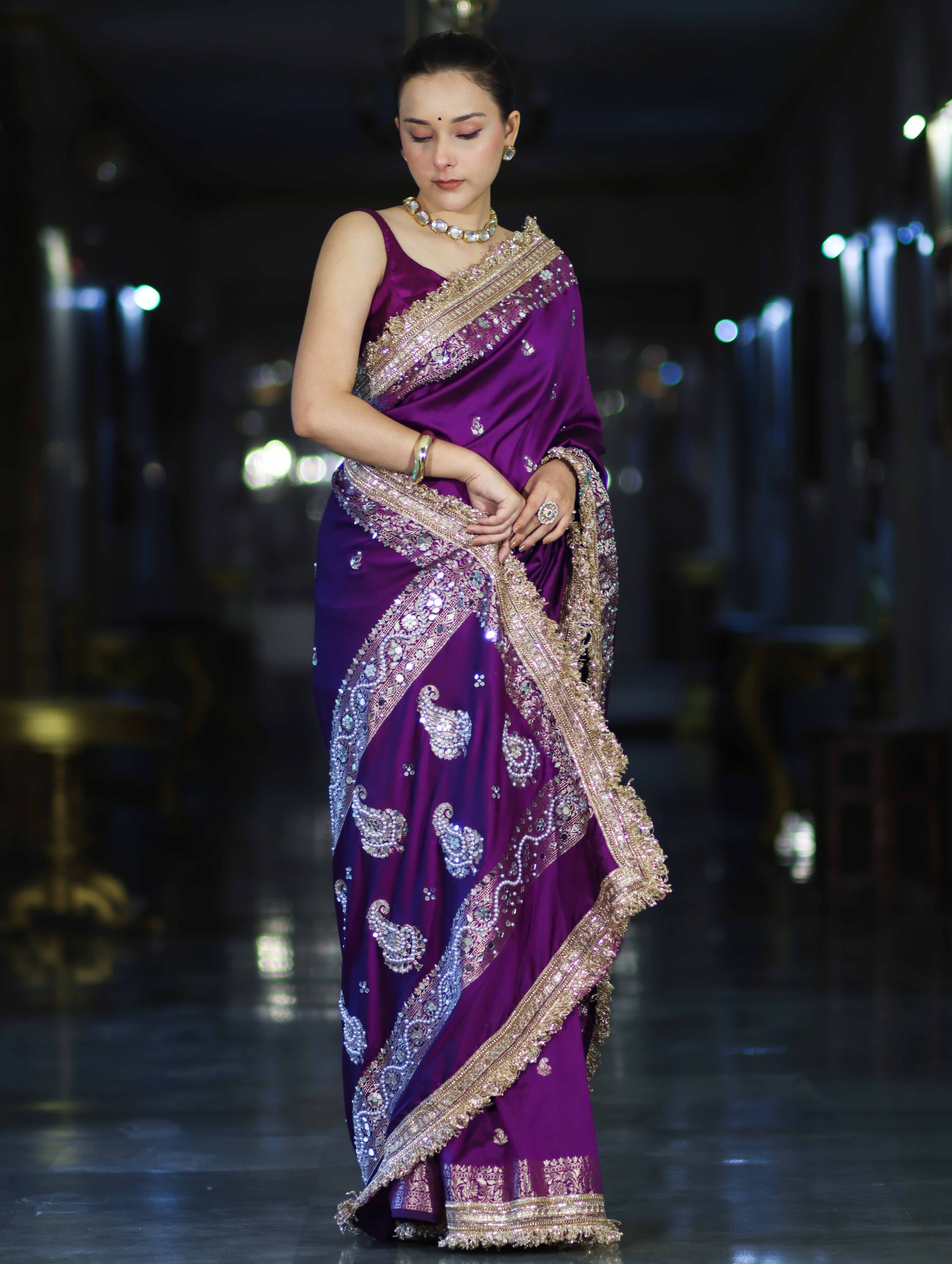 Banarasee Soft Silk Saree With Handwork Pearl Motifs & Mirror Work-Violet
