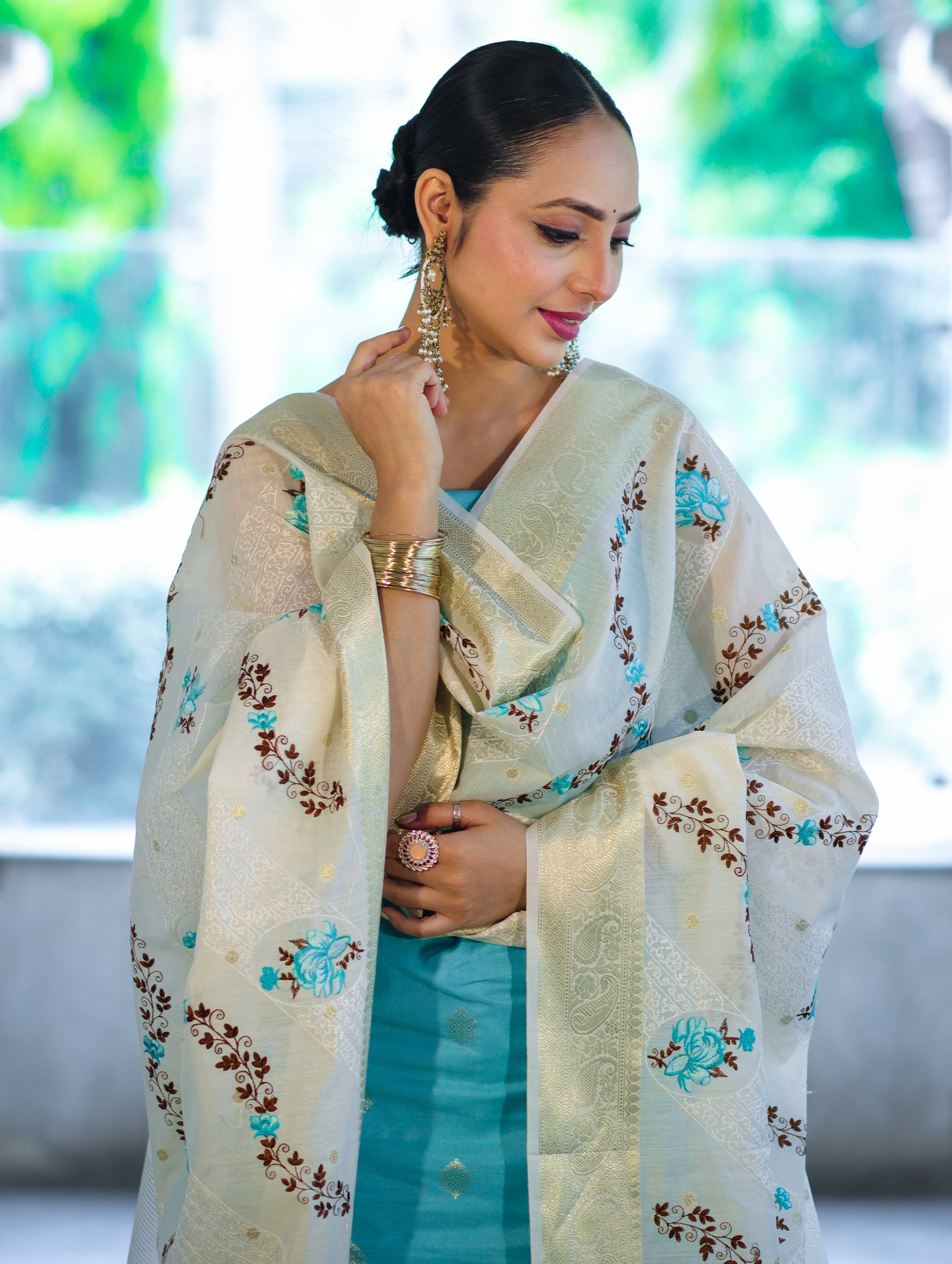 Banarasee Embroidered Cotton Salwar Kameez Fabric With Contrast Dupatta Set-Blue & Off White