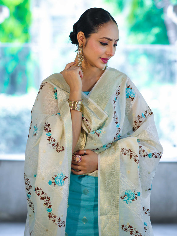 Banarasee Embroidered Cotton Salwar Kameez Fabric With Contrast Dupatta Set-Blue & Off White