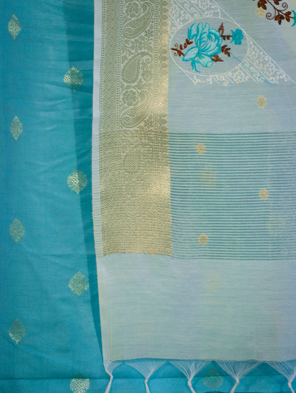 Banarasee Embroidered Cotton Salwar Kameez Fabric With Contrast Dupatta Set-Blue & Off White