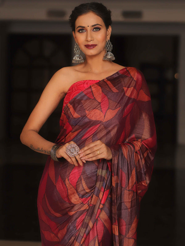 Banarasee Abstract Print Tissue Saree With Contrast Embroidered Blouse-Multicolor