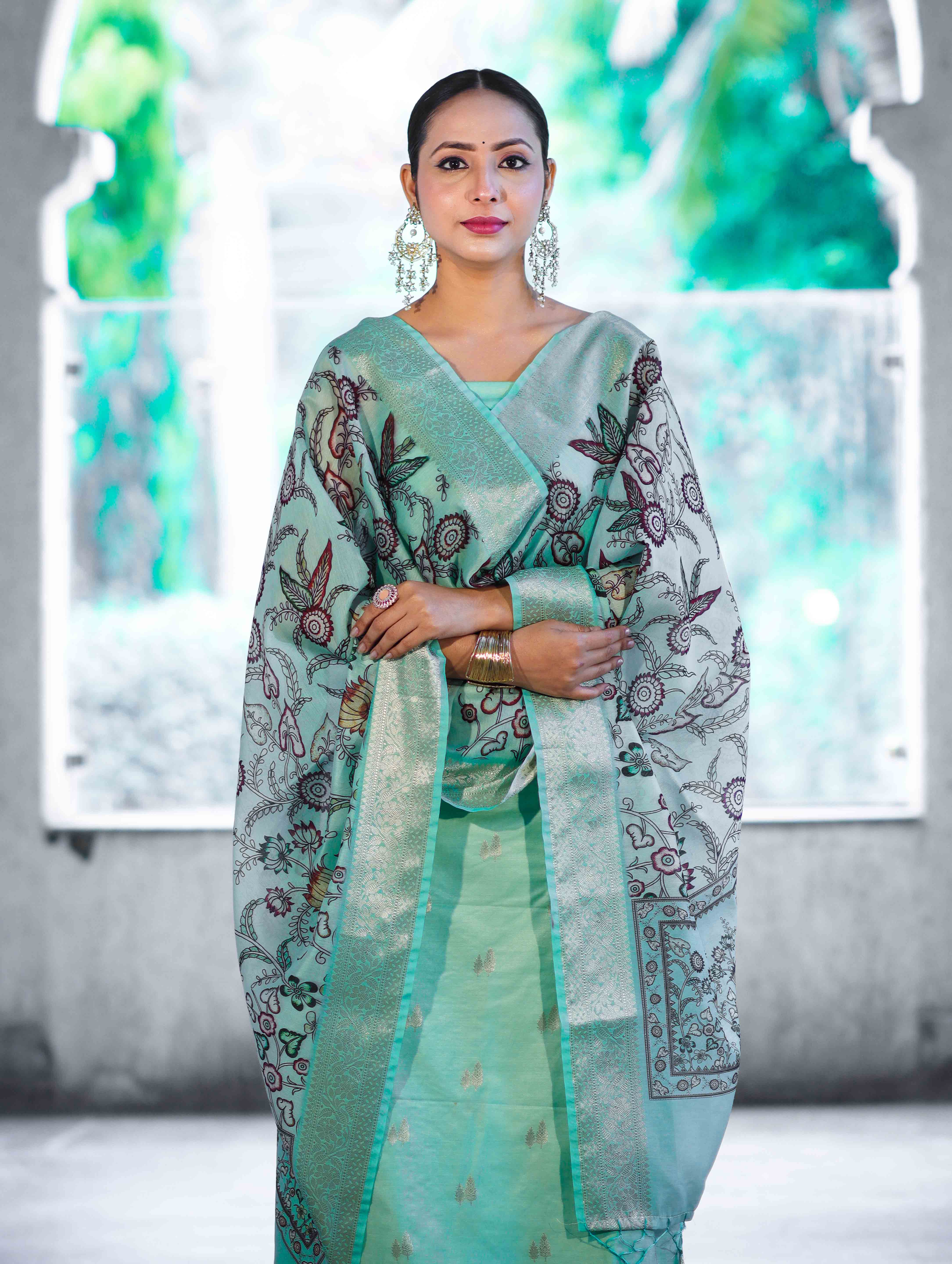 Banarasee Cotton Salwar Kameez Fabric With Digital Printed Dupatta Set-Pastel Green