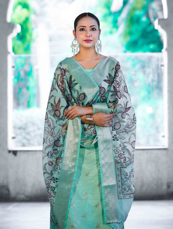 Banarasee Cotton Salwar Kameez Fabric With Digital Printed Dupatta Set-Pastel Green