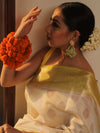 Banarasee Handloom Pure Chiniya Silk Saree With Zari Work & Contrast Border-White & Yellow
