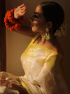 Banarasee Handloom Pure Chiniya Silk Saree With Zari Work & Contrast Border-White & Yellow