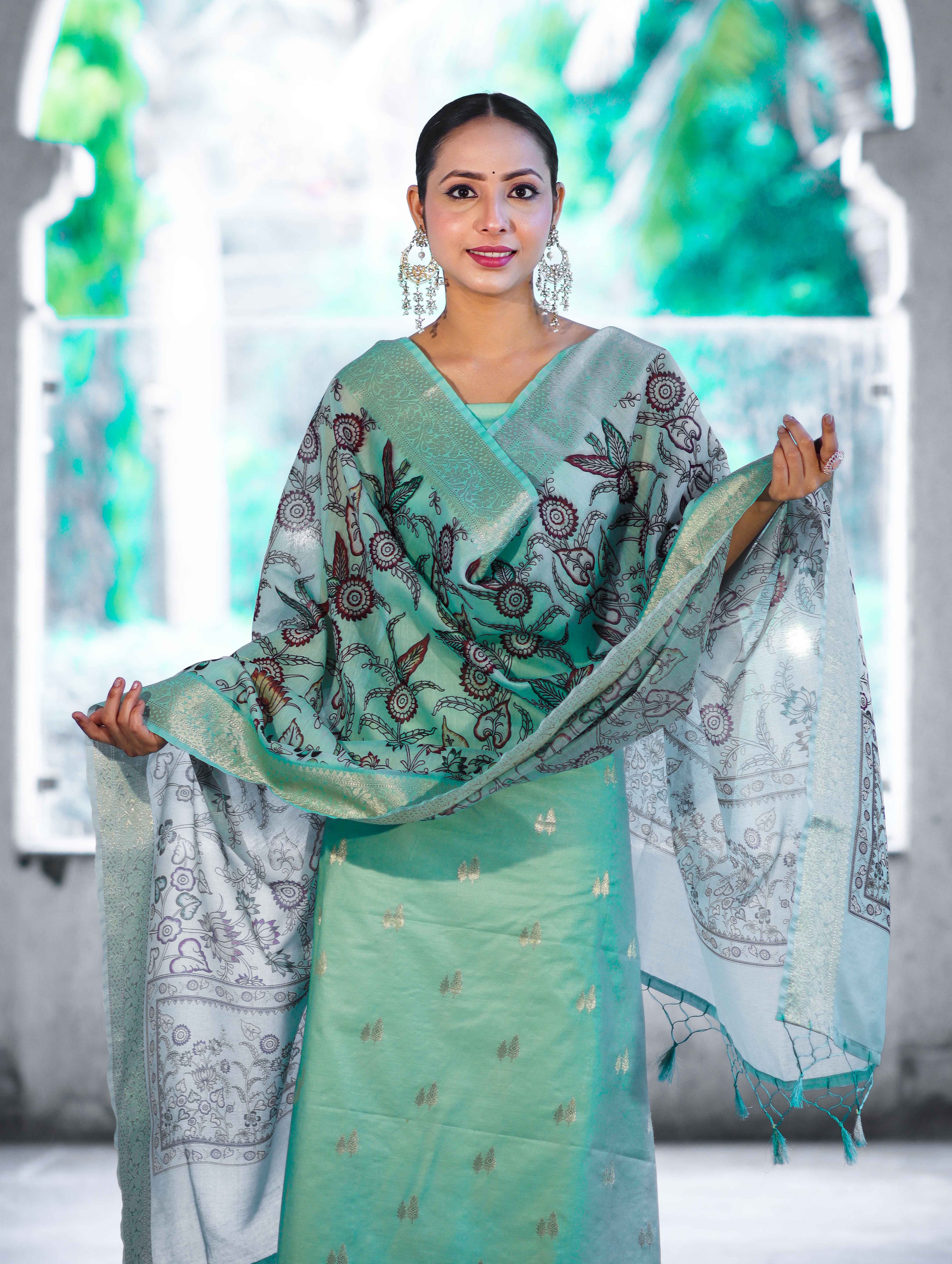 Banarasee Cotton Salwar Kameez Fabric With Digital Printed Dupatta Set-Pastel Green