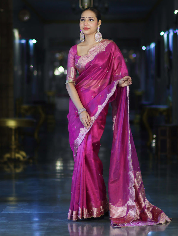 Banarasee Soft Tissue Saree With Handwork Pearl Motifs & Scallop Border-Pink