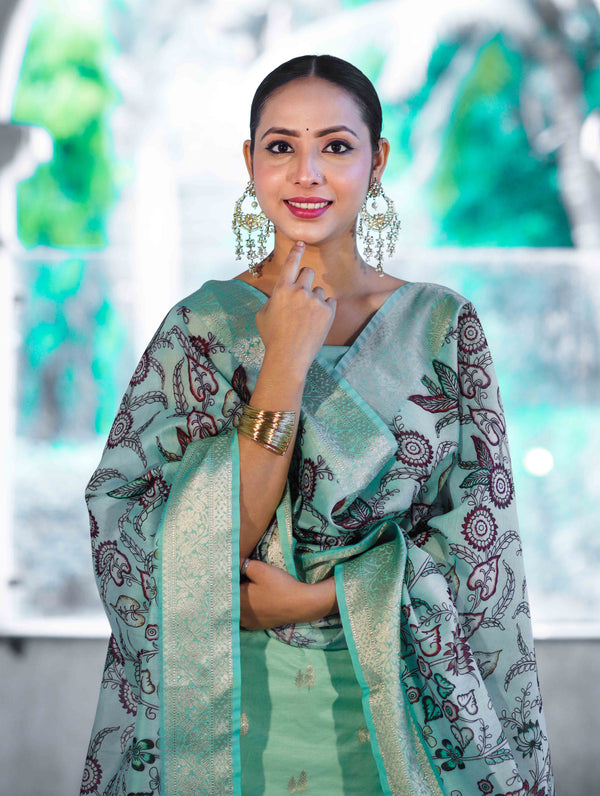 Banarasee Cotton Salwar Kameez Fabric With Digital Printed Dupatta Set-Pastel Green