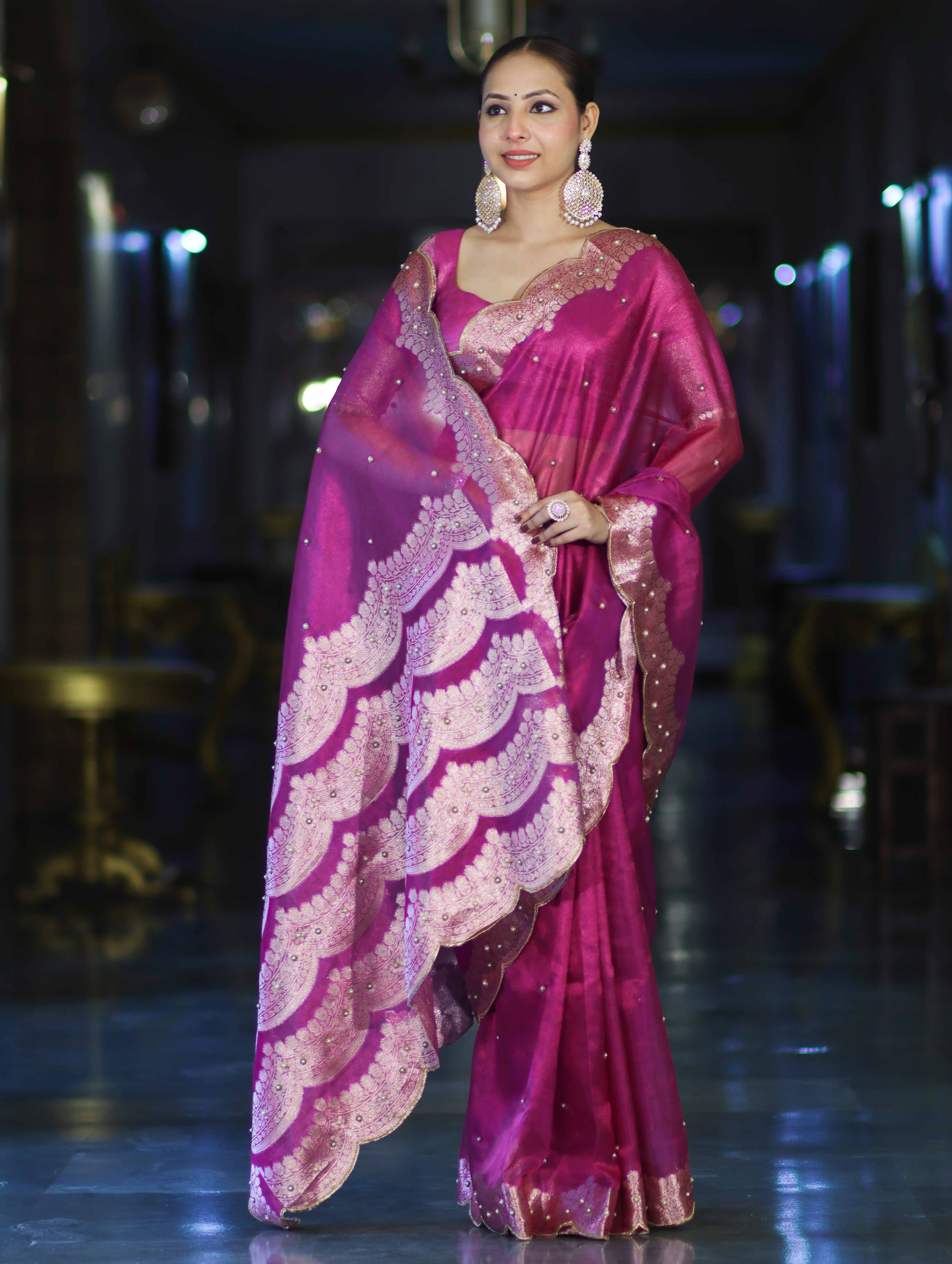 Banarasee Soft Tissue Saree With Handwork Pearl Motifs & Scallop Border-Pink