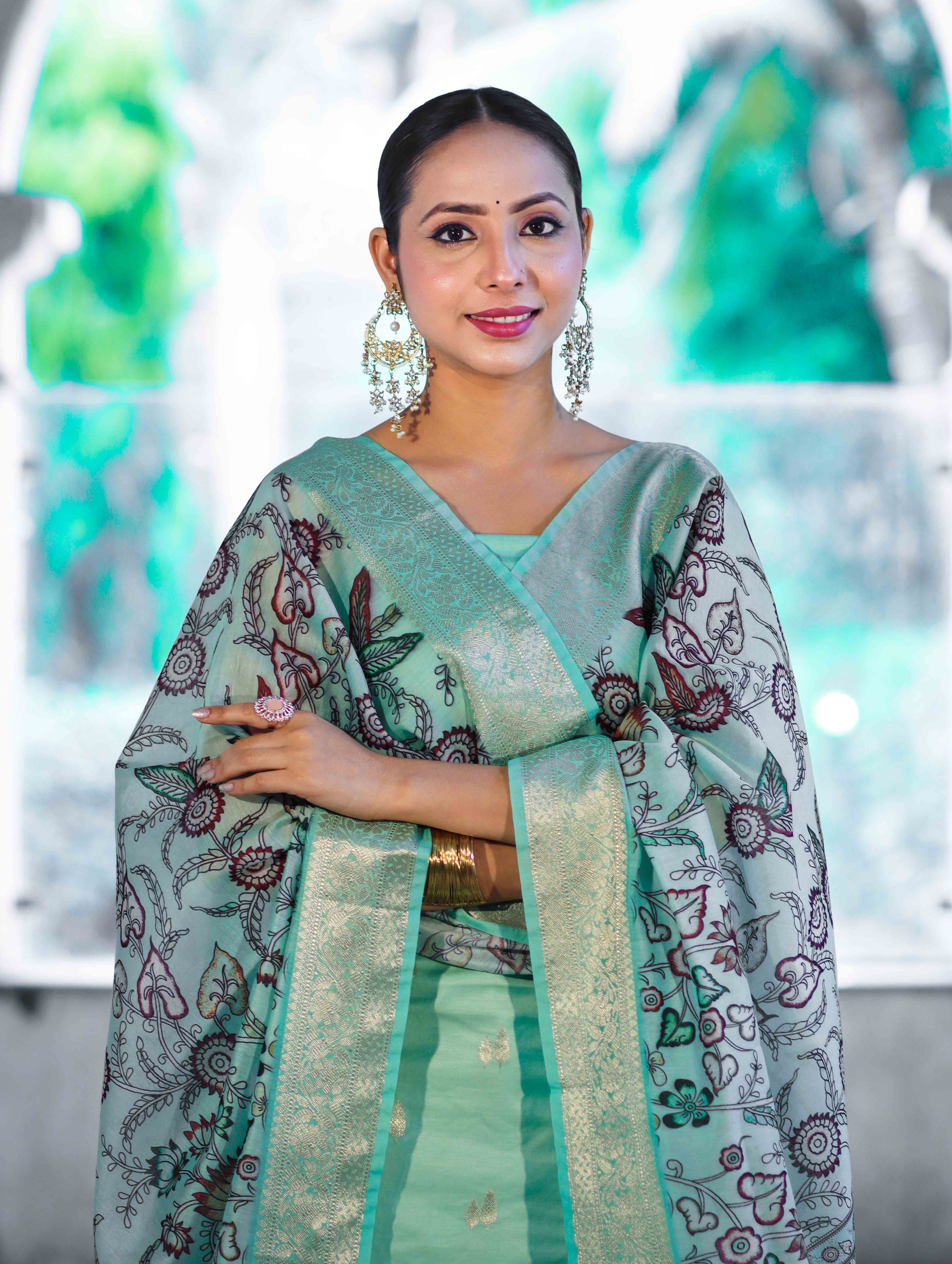 Banarasee Cotton Salwar Kameez Fabric With Digital Printed Dupatta Set-Pastel Green