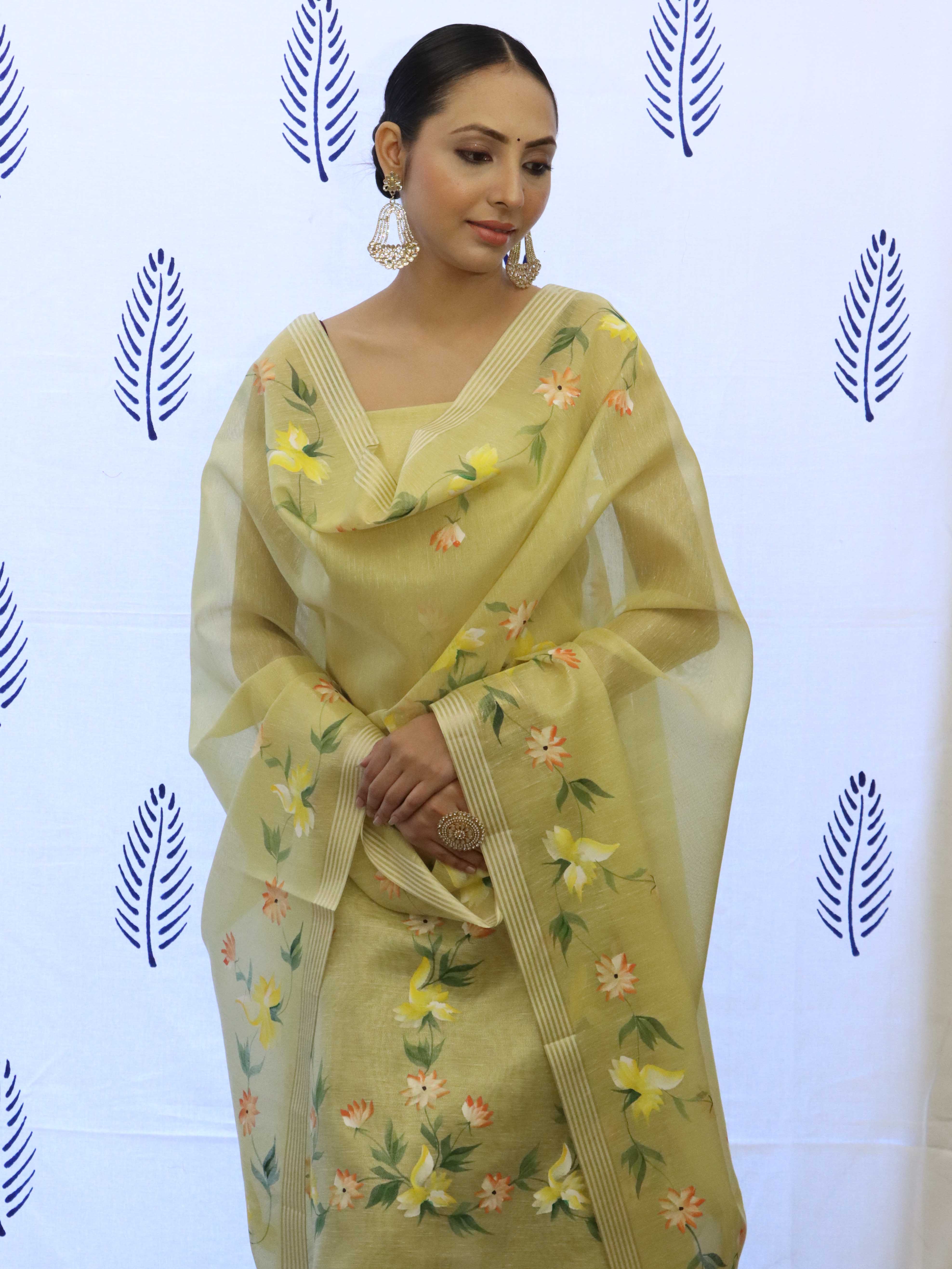 Banarasee Tissue Hand-Painted Salwar Kameez Fabric With Dupatta Set-Yellow
