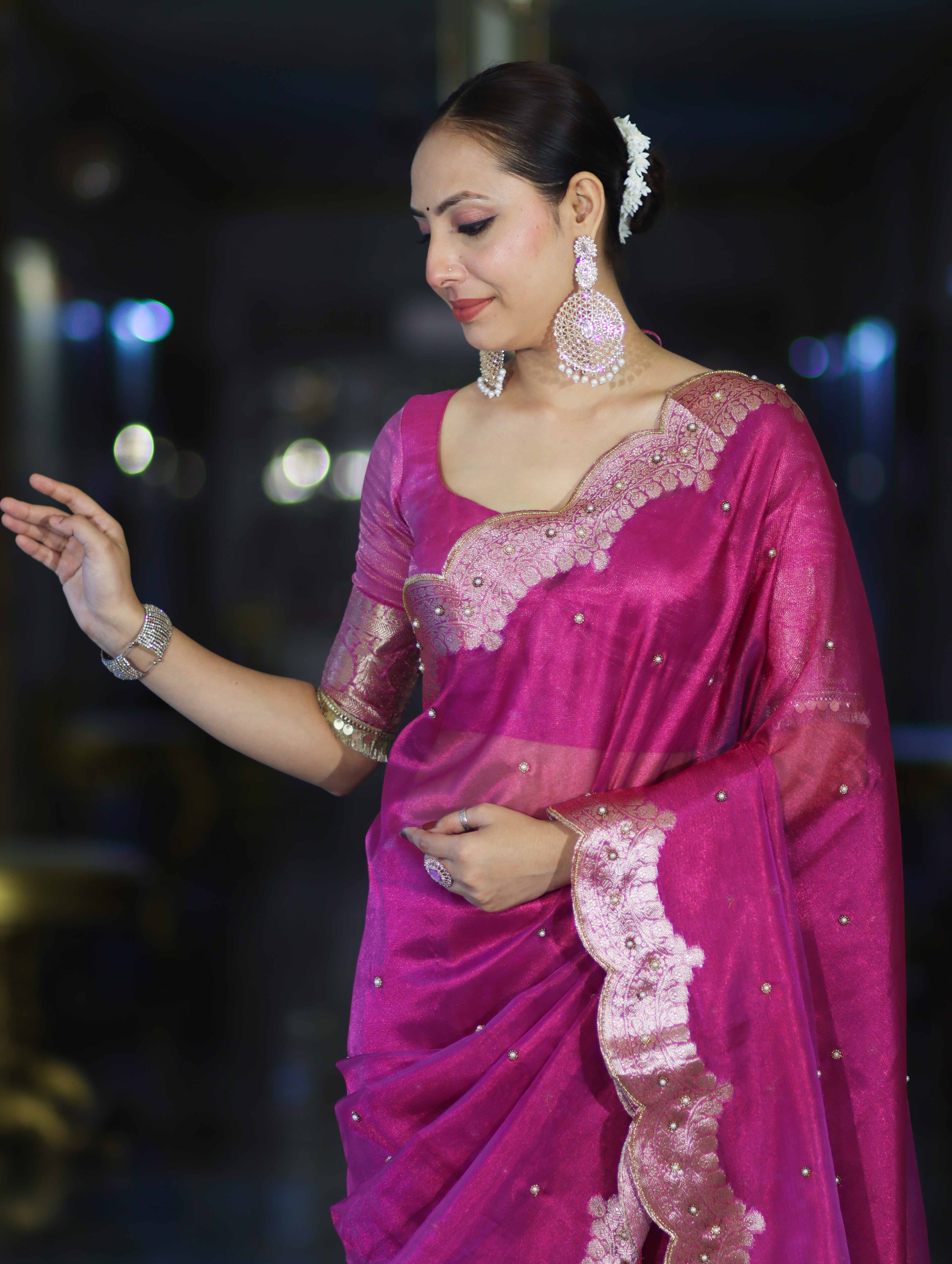Banarasee Soft Tissue Saree With Handwork Pearl Motifs & Scallop Border-Pink