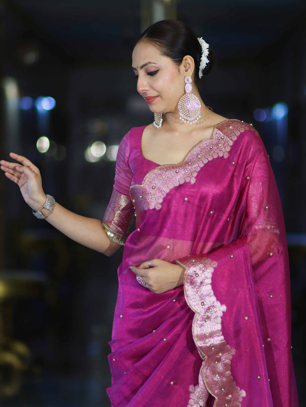 Banarasee Soft Tissue Saree With Handwork Pearl Motifs & Scallop Border-Pink