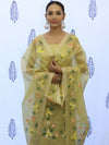 Banarasee Tissue Hand-Painted Salwar Kameez Fabric With Dupatta Set-Yellow