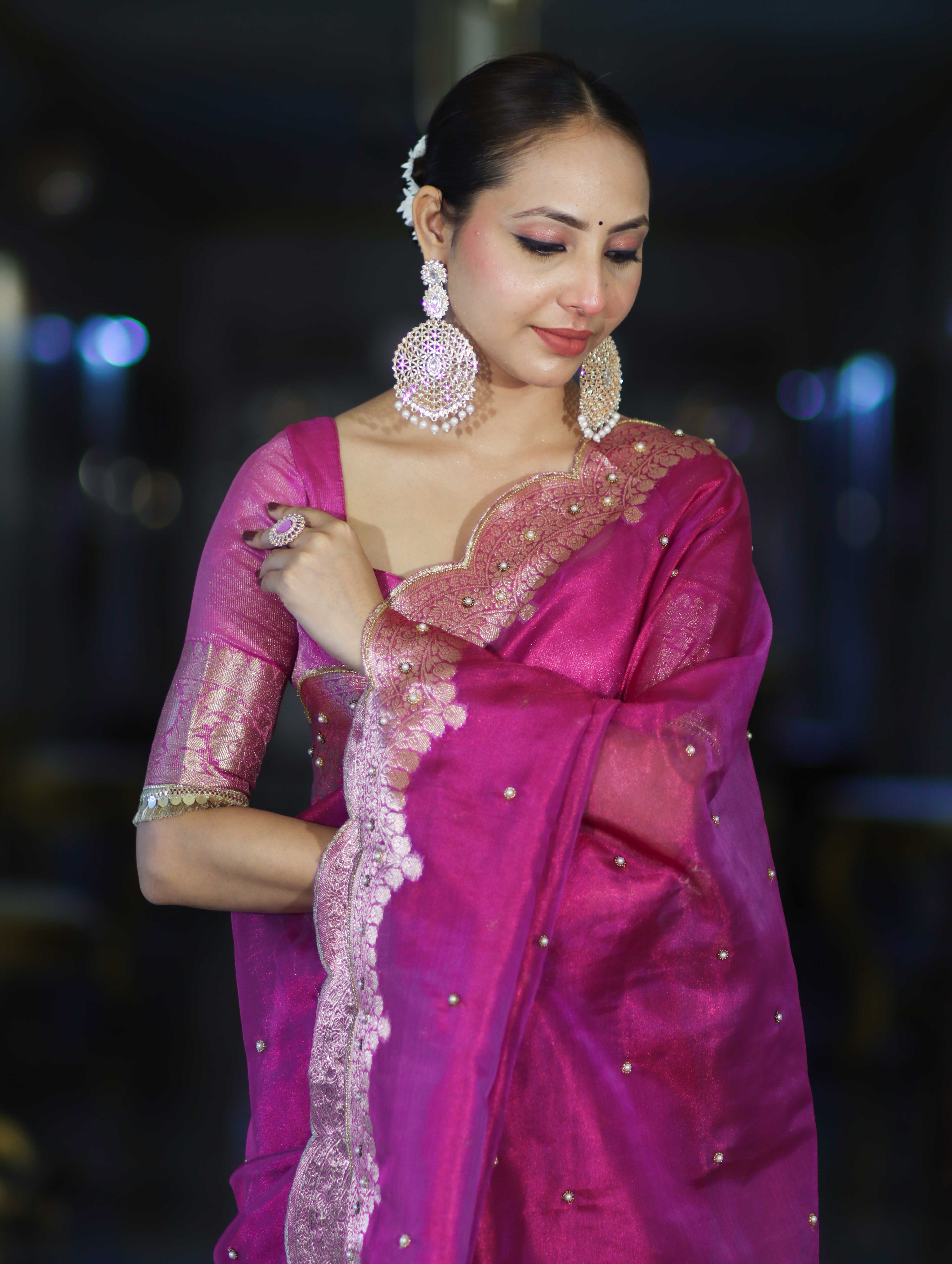 Banarasee Soft Tissue Saree With Handwork Pearl Motifs & Scallop Border-Pink