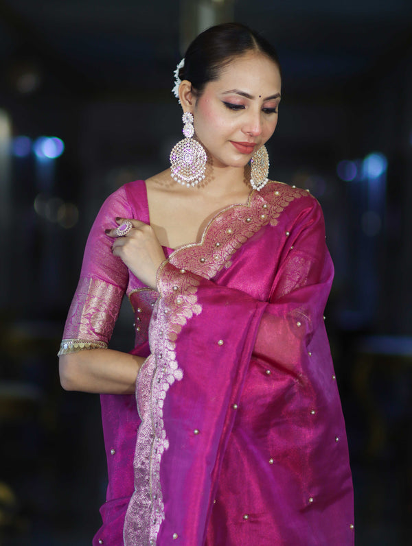 Banarasee Soft Tissue Saree With Handwork Pearl Motifs & Scallop Border-Pink