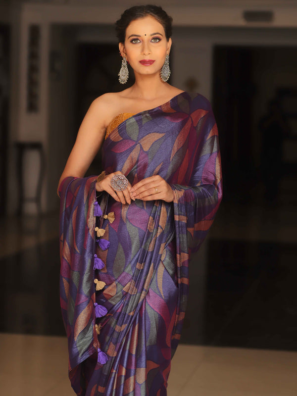 Banarasee Abstract Print Tissue Saree With Contrast Embroidered Blouse-Violet
