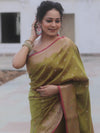 Banarasee Handwoven Semi Silk Saree With Zari Buti Design-Olive Green (Dual Tone)