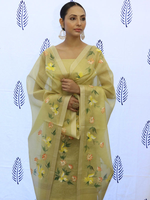 Banarasee Tissue Hand-Painted Salwar Kameez Fabric With Dupatta Set-Yellow