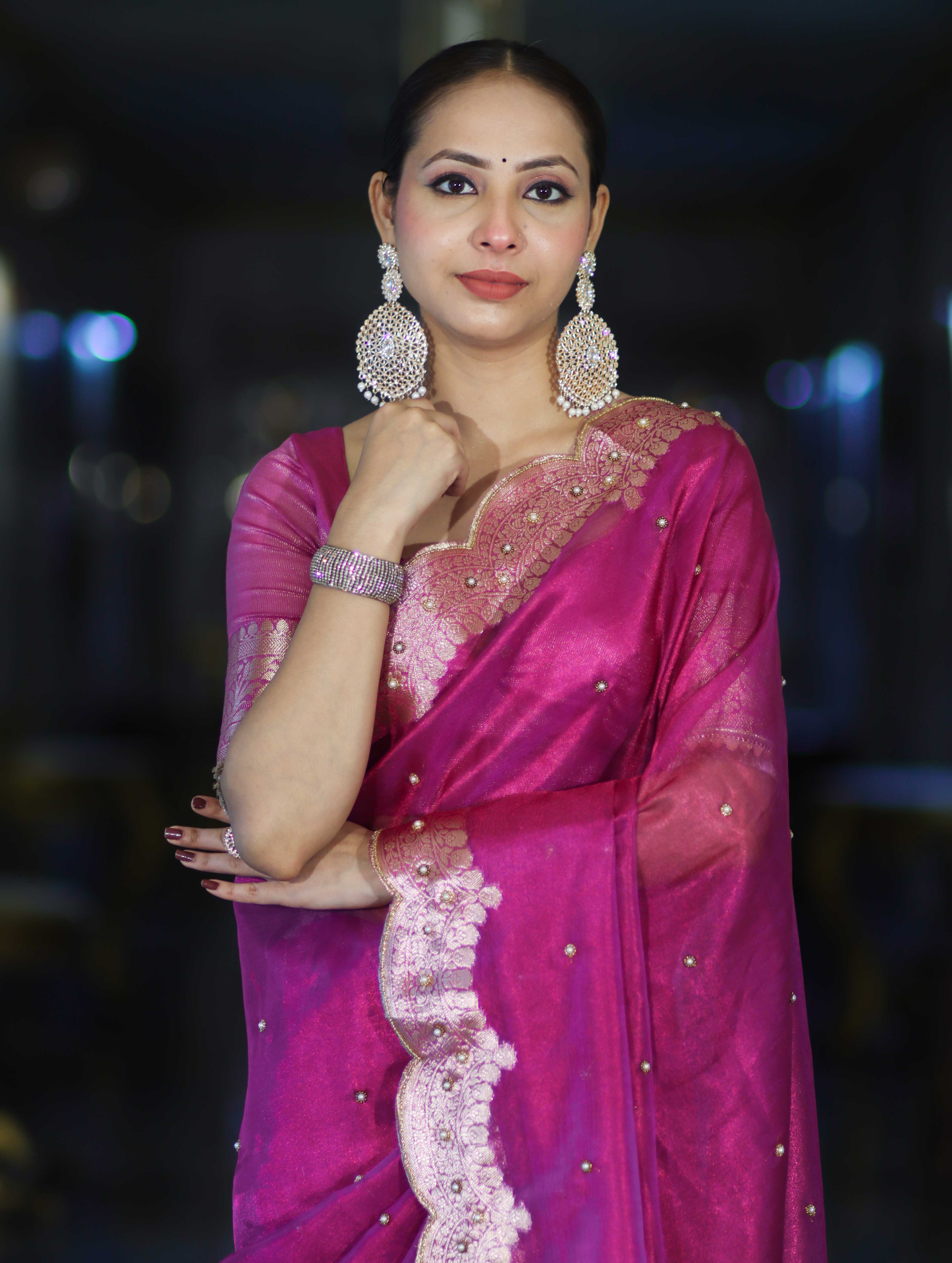 Banarasee Soft Tissue Saree With Handwork Pearl Motifs & Scallop Border-Pink
