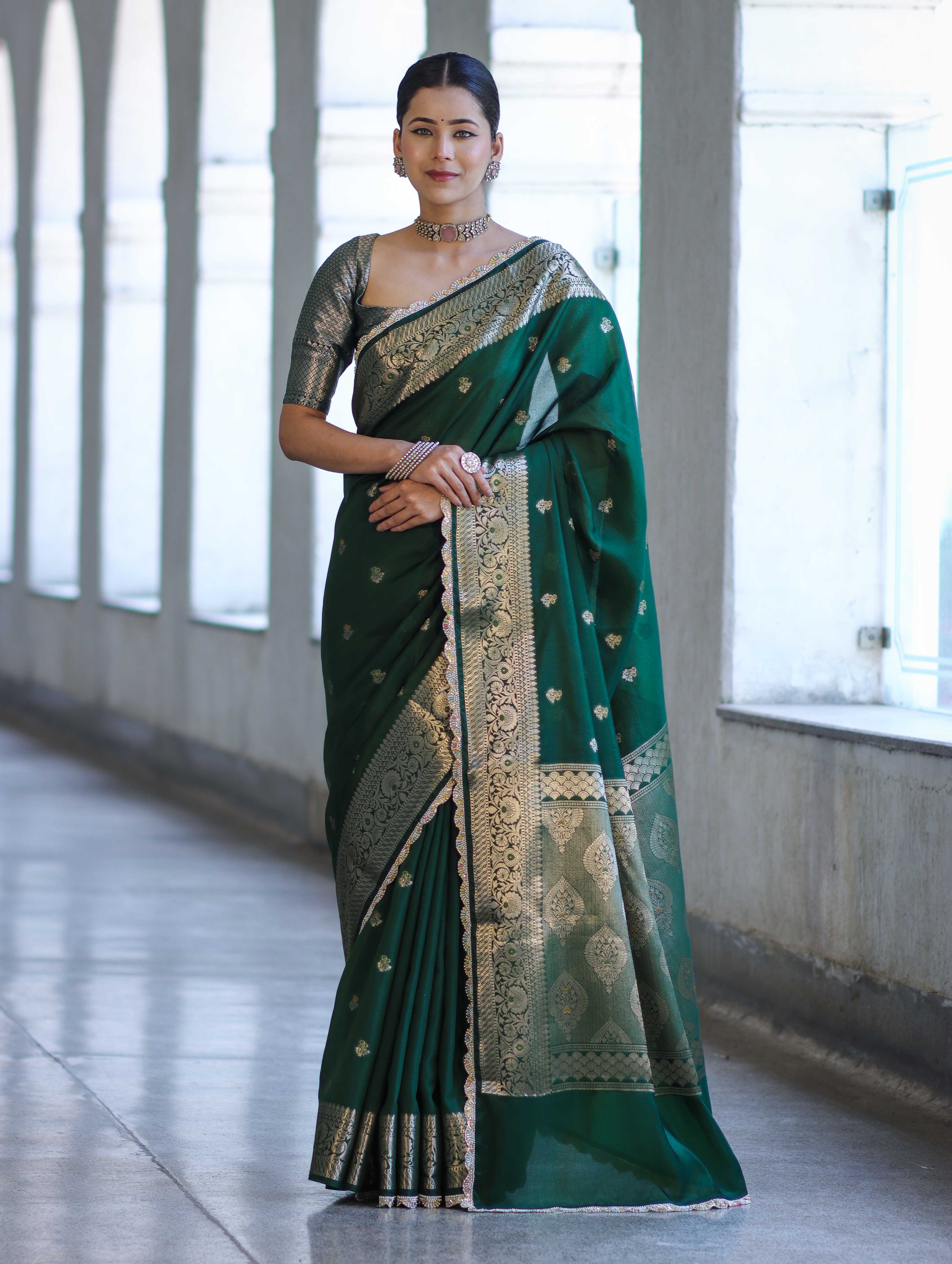 Banarasee Handloom Semi Silk Saree With Zari Buti Design & Lace Border-Green