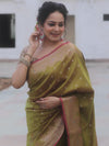 Banarasee Handwoven Semi Silk Saree With Zari Buti Design-Olive Green (Dual Tone)