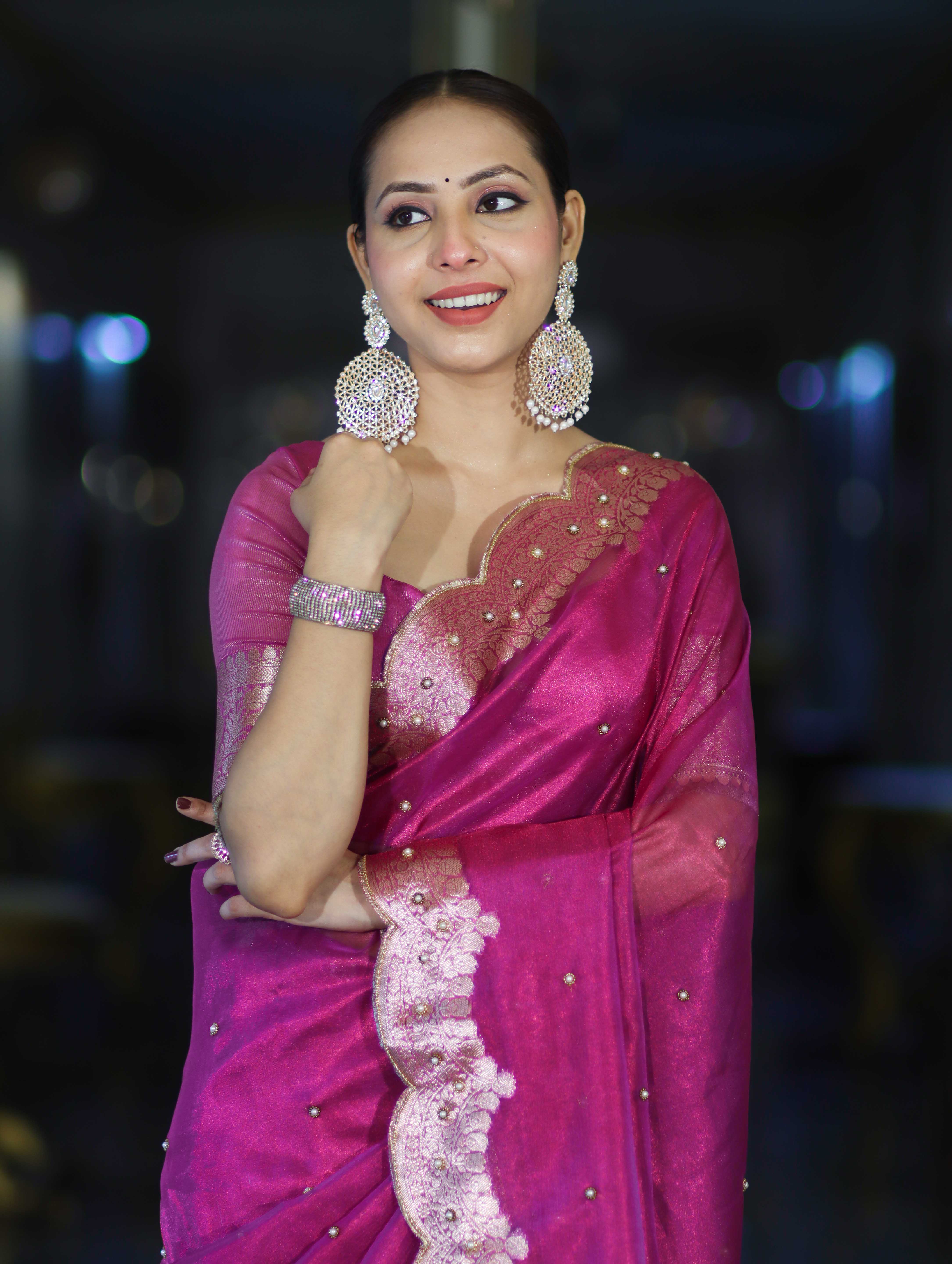 Banarasee Soft Tissue Saree With Handwork Pearl Motifs & Scallop Border-Pink