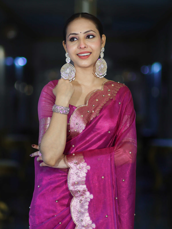 Banarasee Soft Tissue Saree With Handwork Pearl Motifs & Scallop Border-Pink