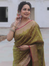 Banarasee Handwoven Semi Silk Saree With Zari Buti Design-Olive Green (Dual Tone)
