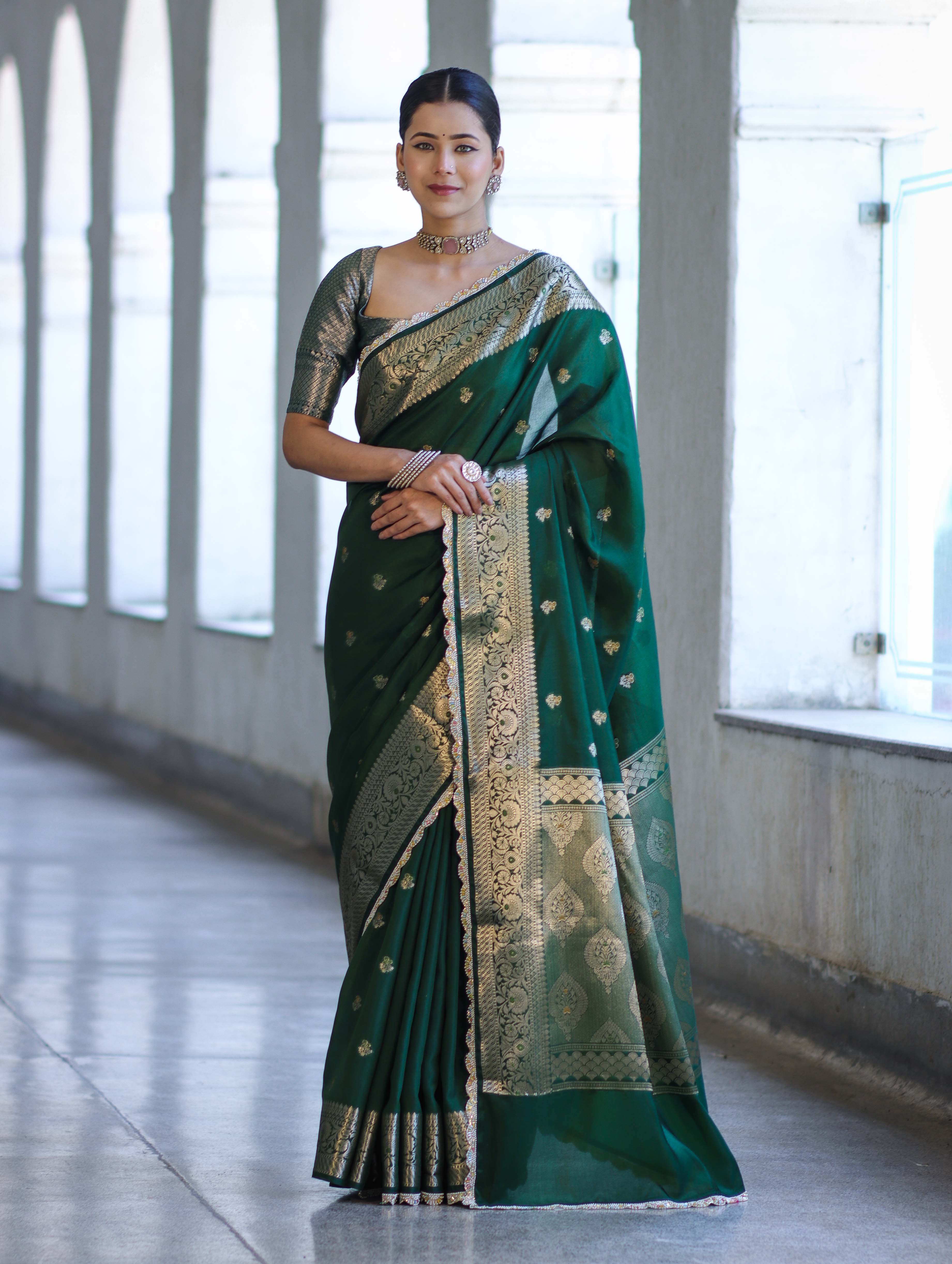 Banarasee Handloom Semi Silk Saree With Zari Buti Design & Lace Border-Green