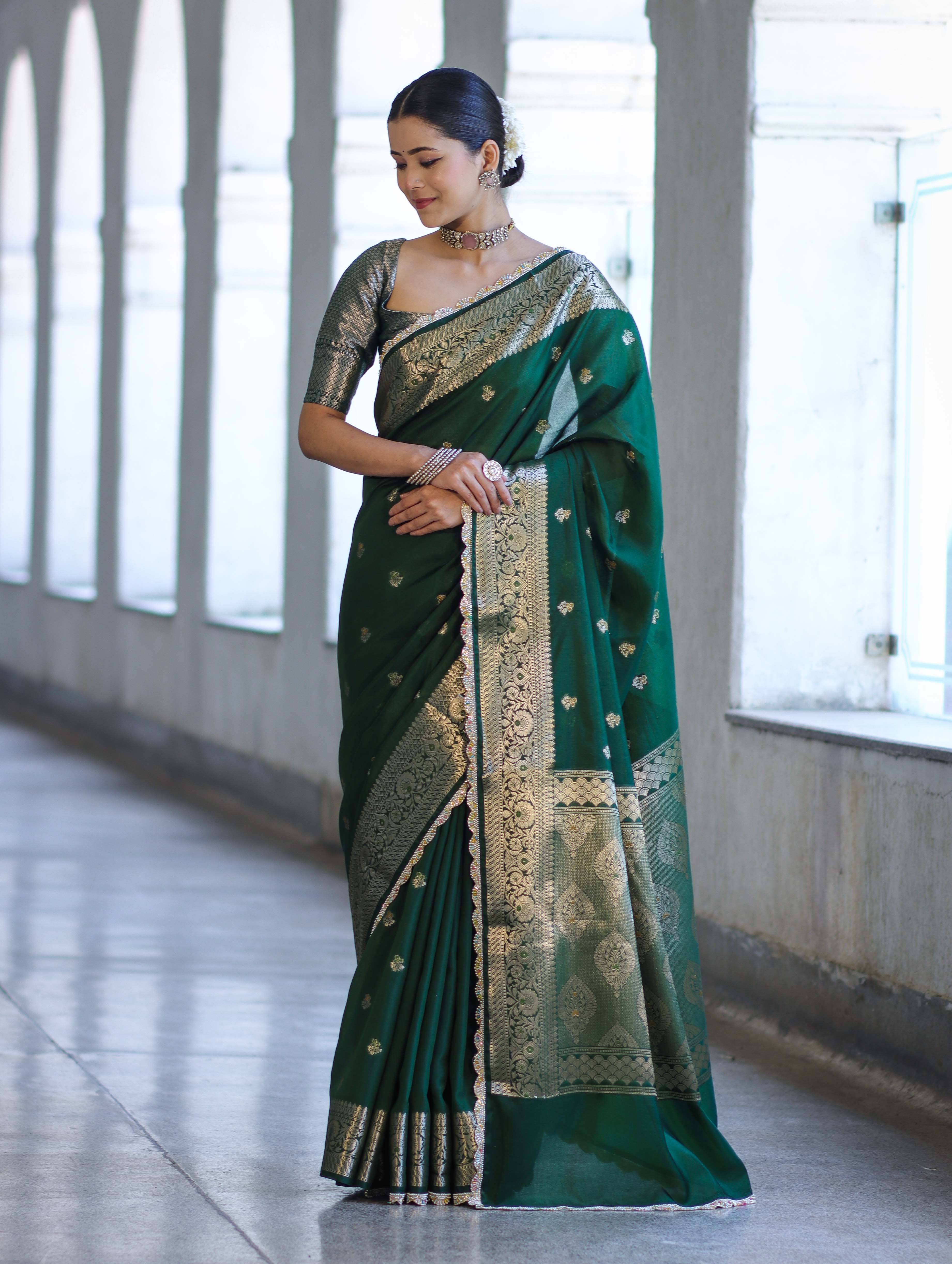Banarasee Handloom Semi Silk Saree With Zari Buti Design & Lace Border-Green