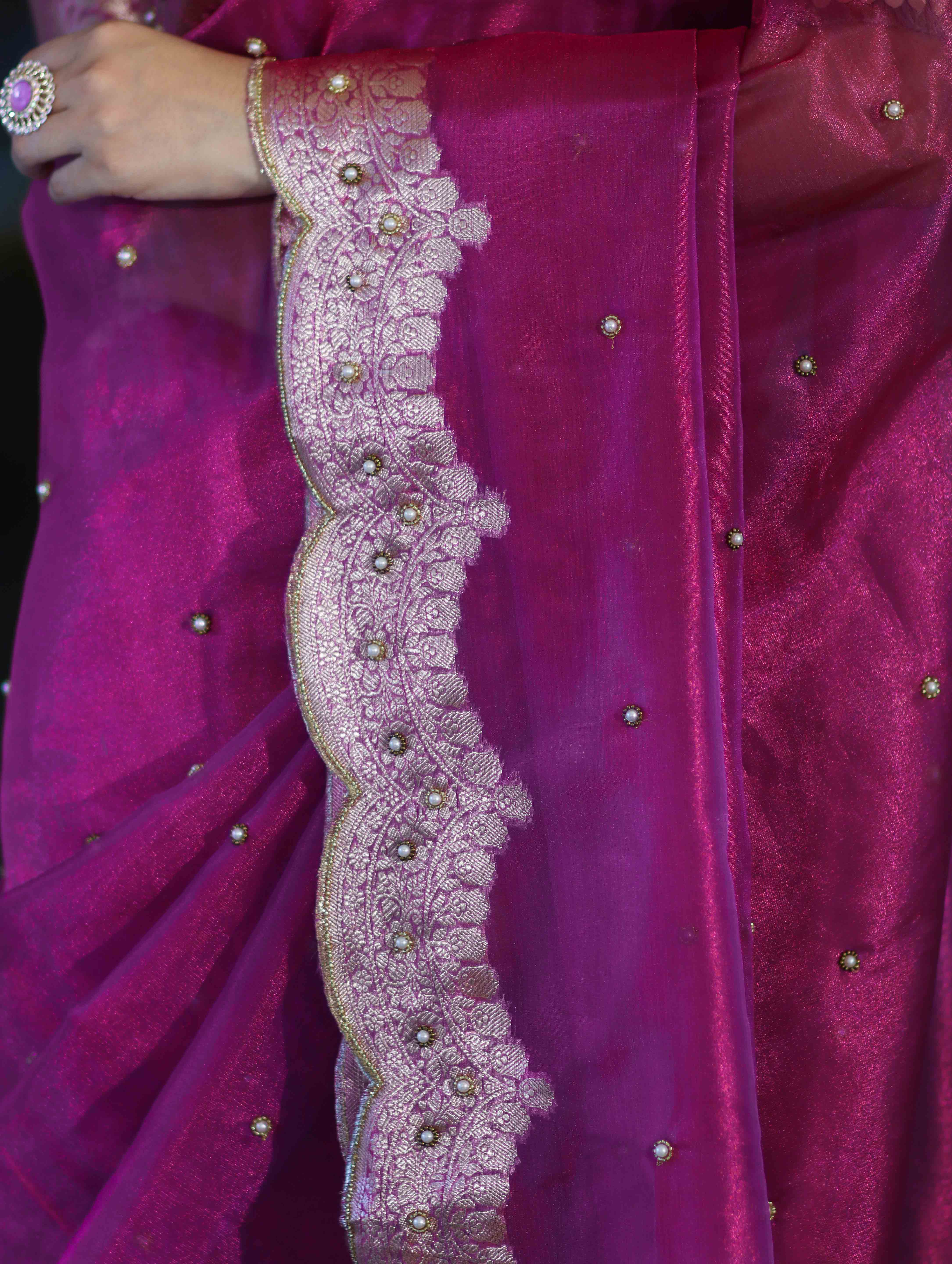 Banarasee Soft Tissue Saree With Handwork Pearl Motifs & Scallop Border-Pink