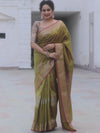 Banarasee Handwoven Semi Silk Saree With Zari Buti Design-Olive Green (Dual Tone)