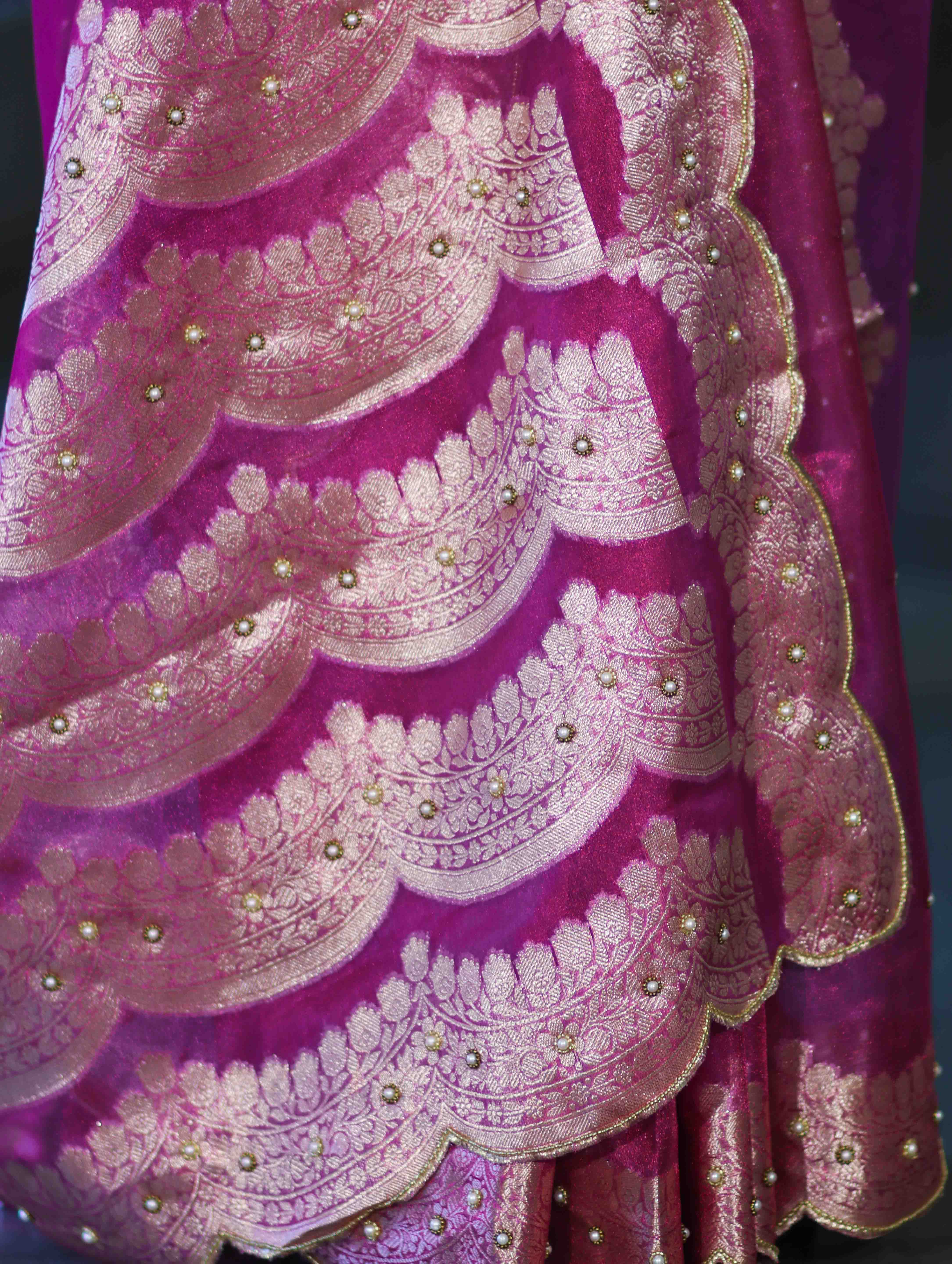 Banarasee Soft Tissue Saree With Handwork Pearl Motifs & Scallop Border-Pink