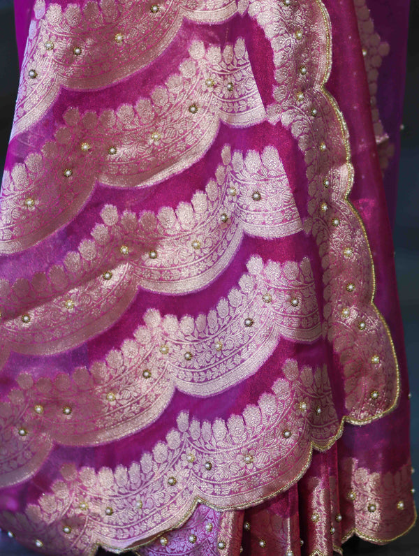 Banarasee Soft Tissue Saree With Handwork Pearl Motifs & Scallop Border-Pink