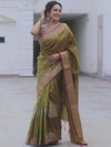 Banarasee Handwoven Semi Silk Saree With Zari Buti Design-Olive Green (Dual Tone)