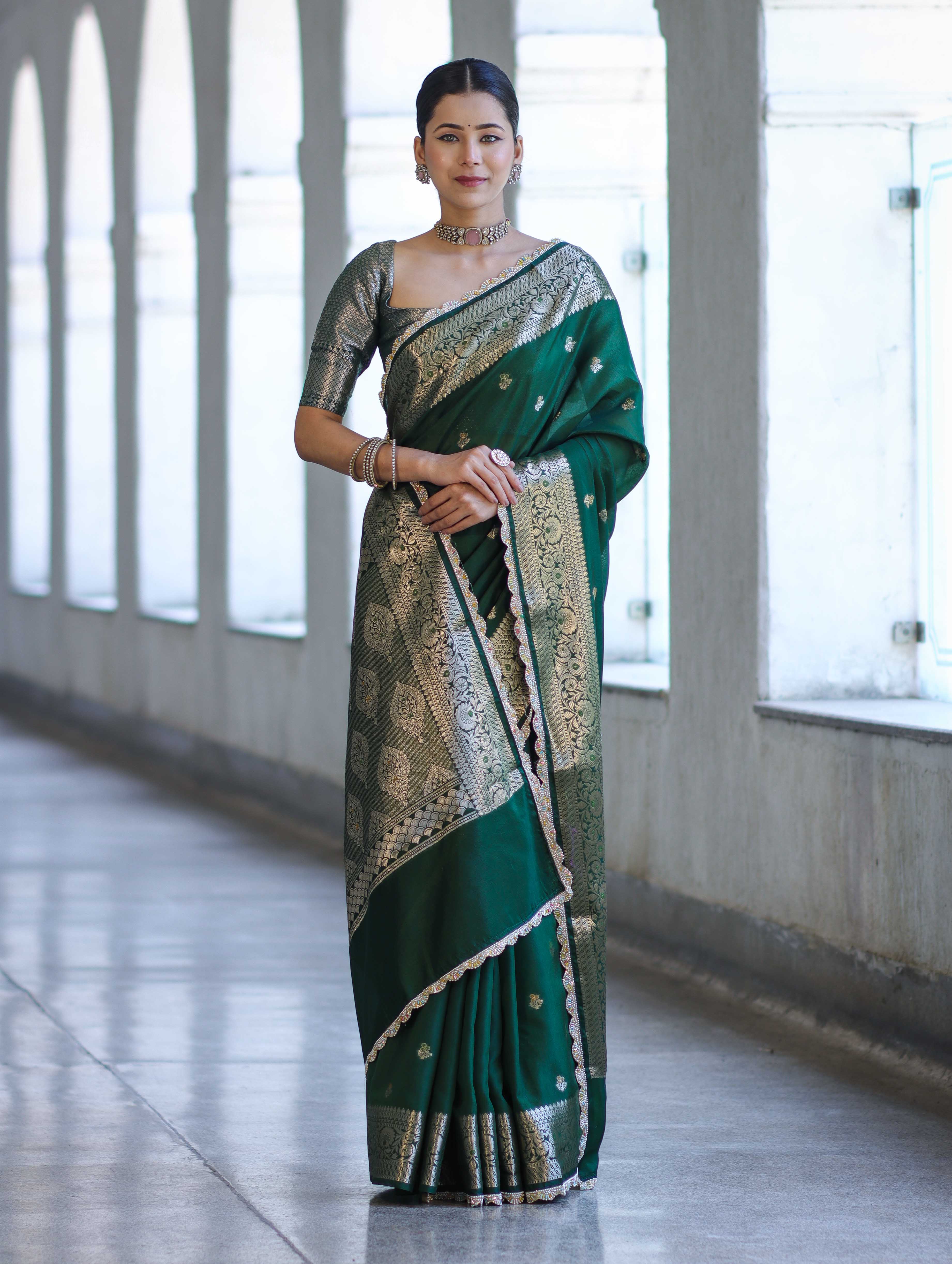 Banarasee Handloom Semi Silk Saree With Zari Buti Design & Lace Border-Green