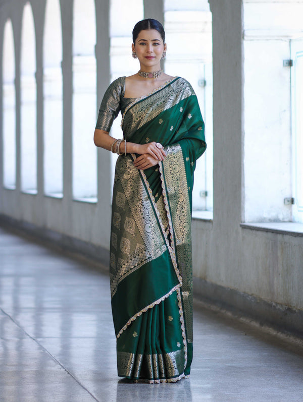 Banarasee Handloom Semi Silk Saree With Zari Buti Design & Lace Border-Green